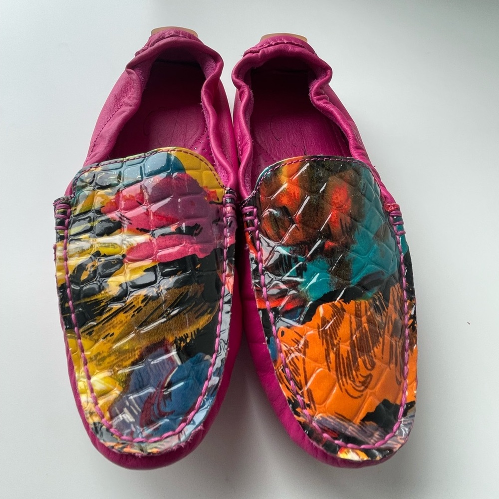 Tieks Hot Pink Leather Driving Loafers with Multicolor Printed Toe - Picture 2 of 5
